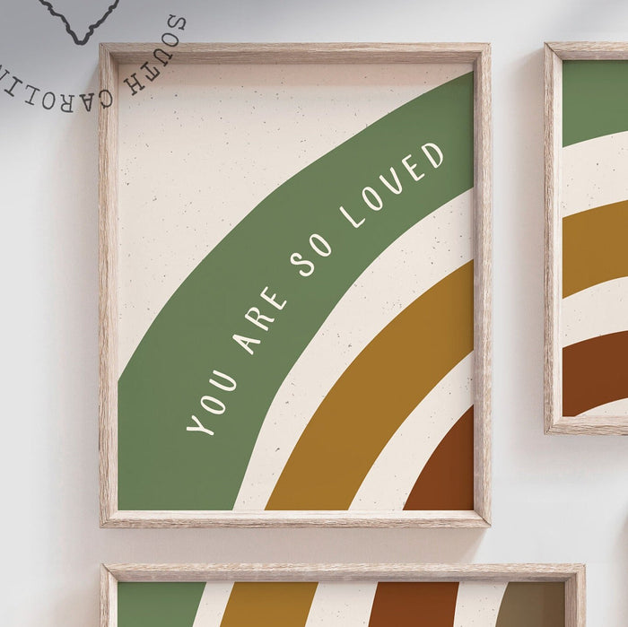 Neutral nursery decor, boho natural earthy colors nursery, you are so loved, green neutral rainbow nursery art, gender neutral nursery decor