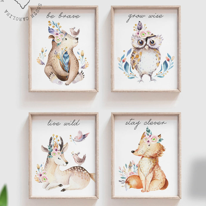 Animal prints, bear, owl, deer, fox, watercolor nursery art, woodland animal decor babys room, gender neutral wall art, woodland baby decor