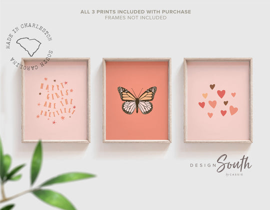 Coral baby girl nursery decor, blush coral pink butterfly art, happy girls are the prettiest quote wall decor, love print pink heart nursery