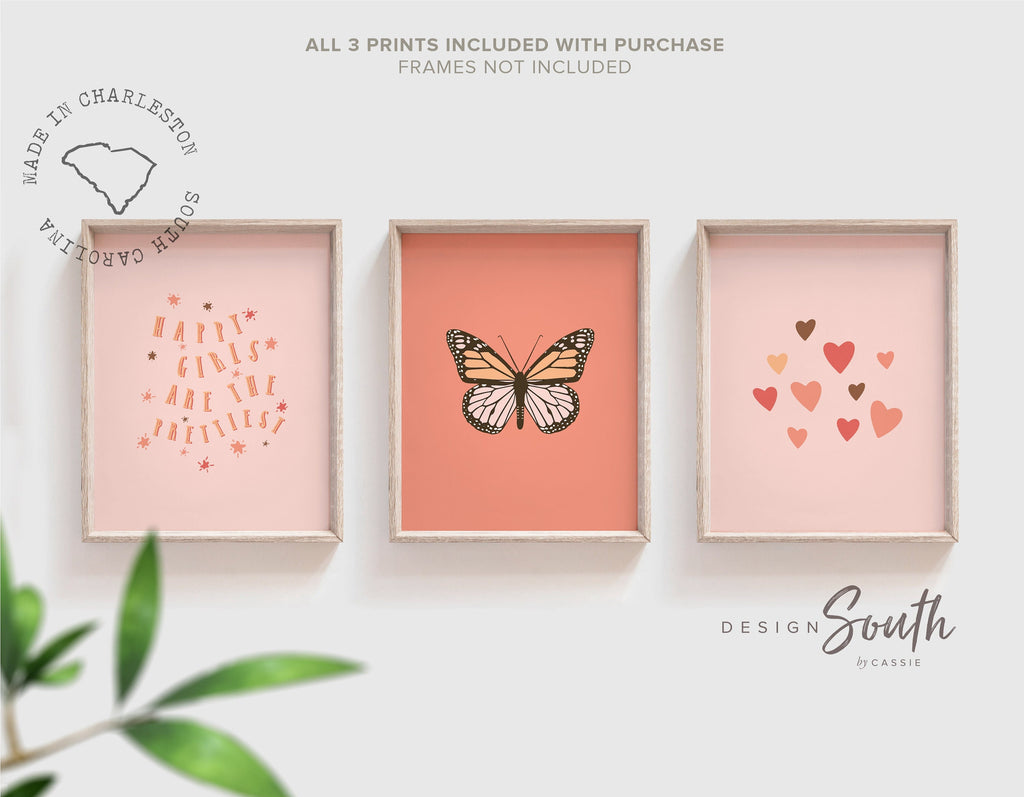 Coral baby girl nursery decor, blush coral pink butterfly art, happy girls are the prettiest quote wall decor, love print pink heart nursery