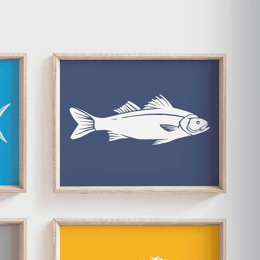 Fish nursery decor, boys fishing outdoors adventure nursery decor, fish prints for boys room, blue yellow fish wall art prints little boys
