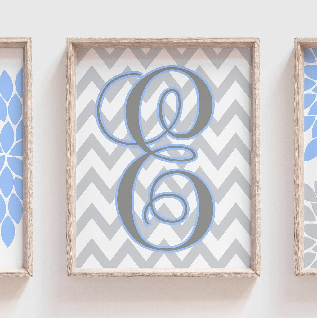 Girl's bedroom wall art periwinkle, floral monogram initial wall decor, gray and periwinkle girls room, personalized girl playroom art ideas