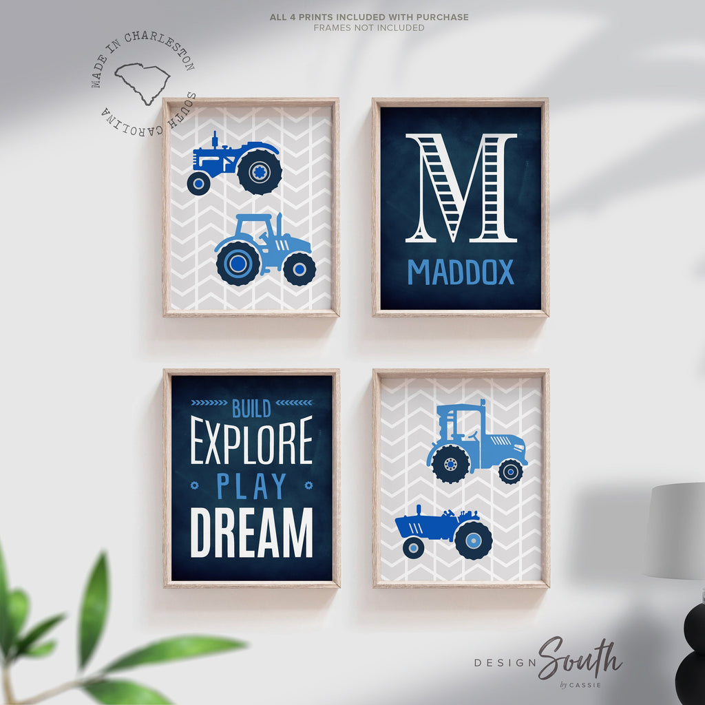 Tractor trucks, blue tractor nursery art, farm tractors boy bedroom decor, tractor gift for boy personalized name, boys nursery art tractors