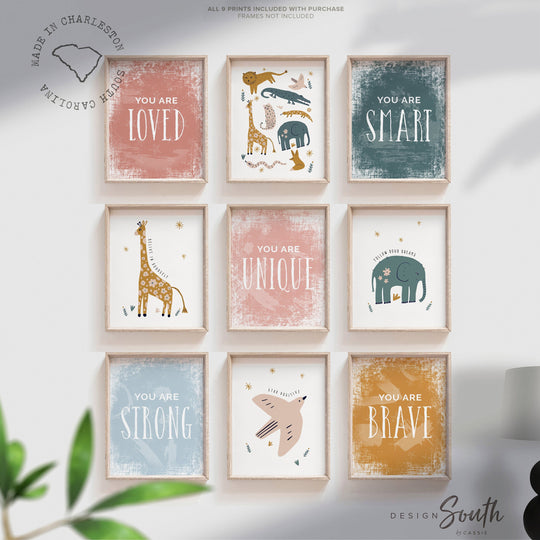Modern boho kid print set, children gallery wall inspiring, modern boho safari animal themed room decor, you are affirmations art, baby room