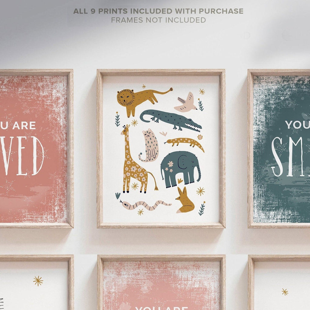 Modern boho kid print set, children gallery wall inspiring, modern boho safari animal themed room decor, you are affirmations art, baby room