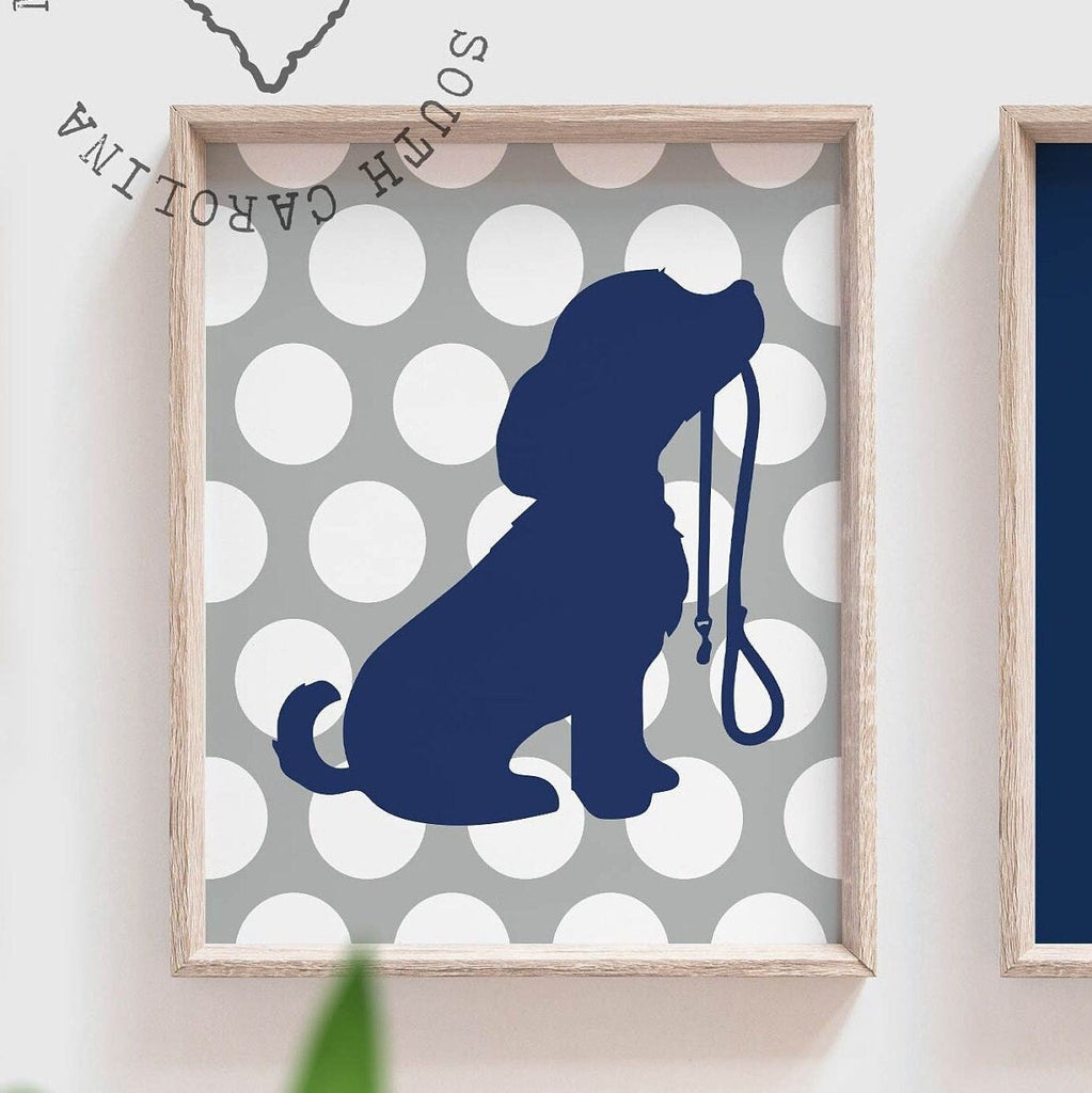 Navy blue and gray puppy dog nursery decor, baby boy puppy decor, puppy dog nursery art for boys, navy blue and gray, dream big little one