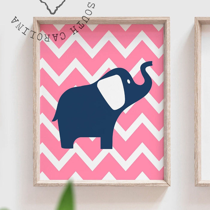 Pink and navy elephant nursery, elephant nursery wall decor, elephant art, elephant nursery art, elephant decor, pink elephant art, pink art