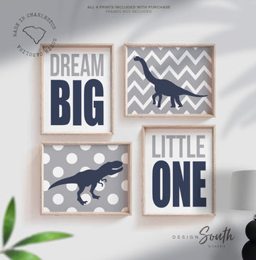 Dream big little one dinosaurs, dinosaur nursery baby boy, navy blue and gray dinosaurs, wall art for baby boy, dinosaur nursery art boys