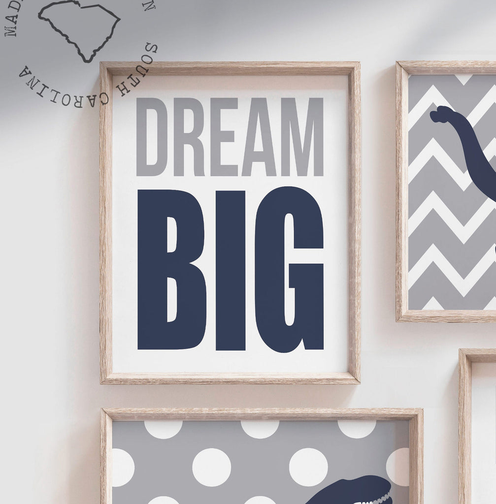Dream big little one dinosaurs, dinosaur nursery baby boy, navy blue and gray dinosaurs, wall art for baby boy, dinosaur nursery art boys