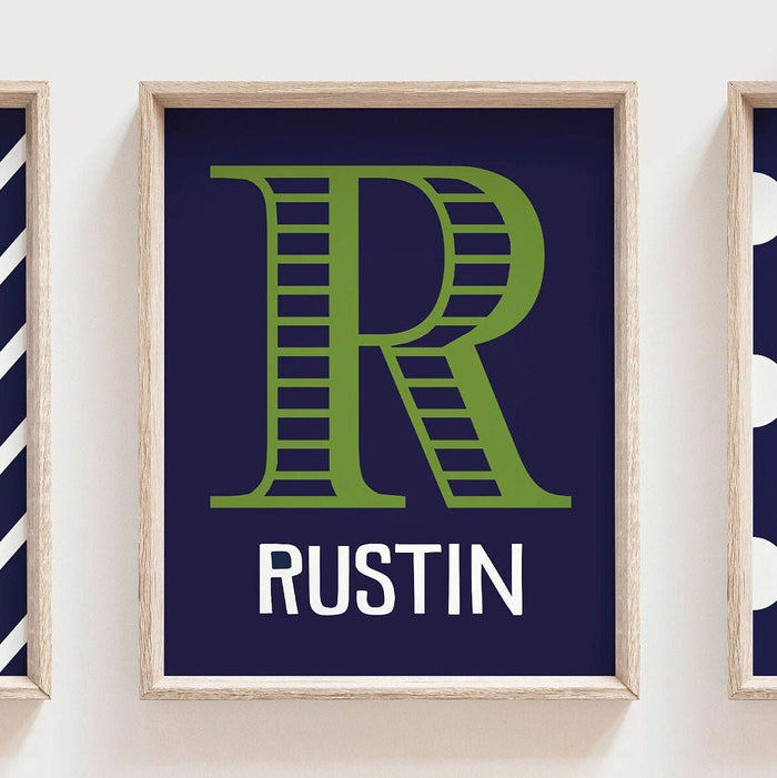 Alligator nursery decor, boys nursery decor, navy blue and green wall art, name print, chevron and polka dots, alligator playroom decor, art
