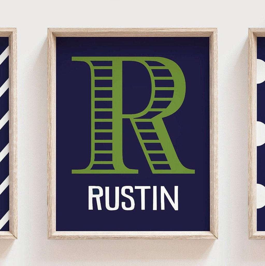 Alligator nursery decor, boys nursery decor, navy blue and green wall art, name print, chevron and polka dots, alligator playroom decor, art