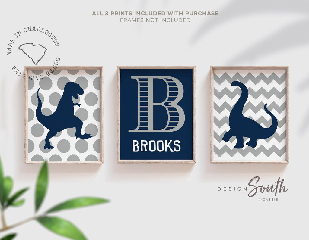 Navy and gray dinosaur nursery art, custom dinosaur, personalized name boys dinosaurs, dinosaur bedroom, big boy room decor, t rex baby gift