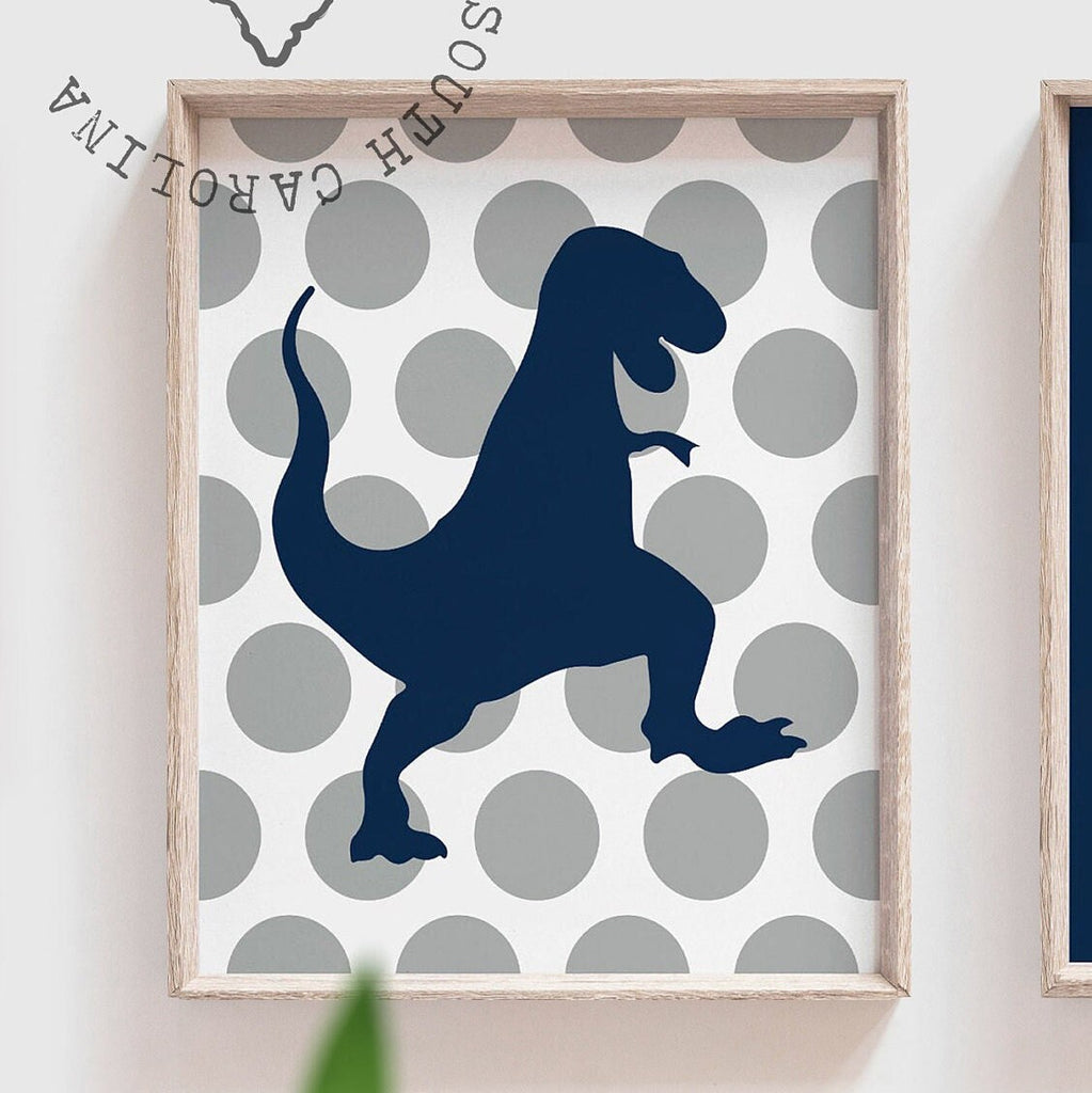 Navy and gray dinosaur nursery art, custom dinosaur, personalized name boys dinosaurs, dinosaur bedroom, big boy room decor, t rex baby gift