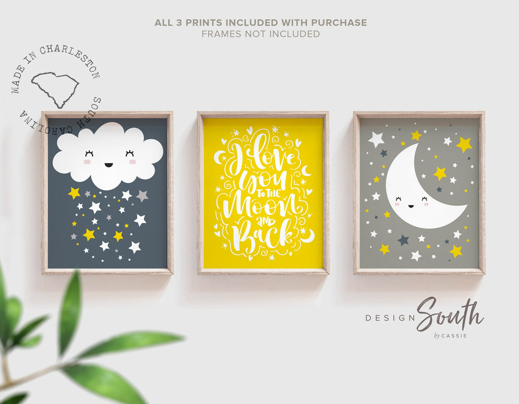Navy blue and yellow boys nursery wall art, navy blue yellow and gray, i love you to the moon, star nursery, cloud nursery, yellow navy boy