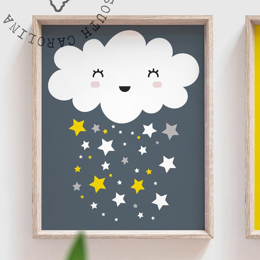 Navy blue and yellow boys nursery wall art, navy blue yellow and gray, i love you to the moon, star nursery, cloud nursery, yellow navy boy
