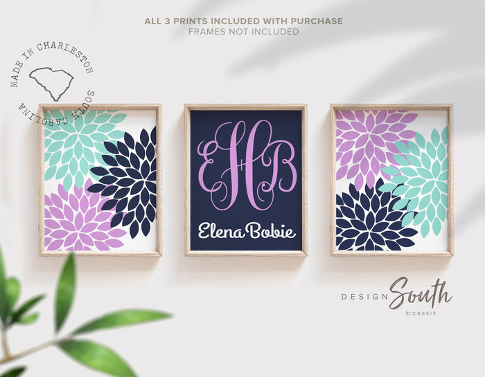 Purple navy and aqua nursery wall art, personalized nursery decor, purple aqua nursery, monogram decor, purple aqua girls bedroom wall art