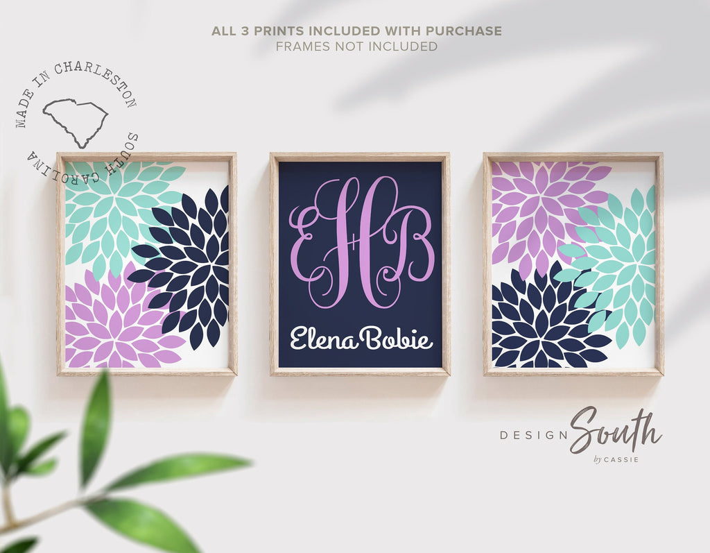 Purple navy and aqua nursery wall art, personalized nursery decor, purple aqua nursery, monogram decor, purple aqua girls bedroom wall art