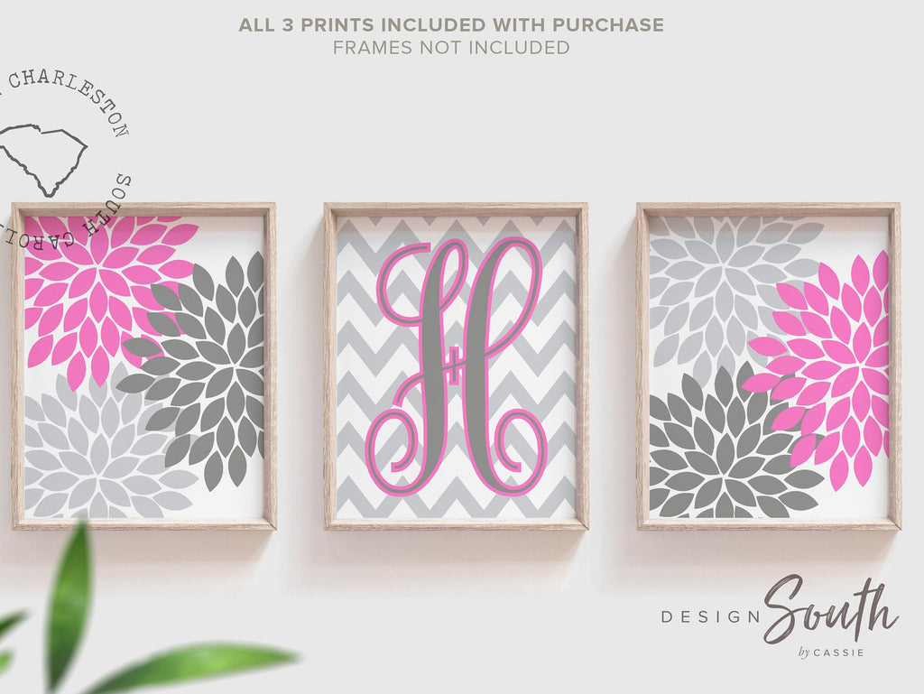 Pink girls monogram wall art, girl room art, girls bedroom art, kids name art, baby name print, hot pink girls bedroom art, girl room decor