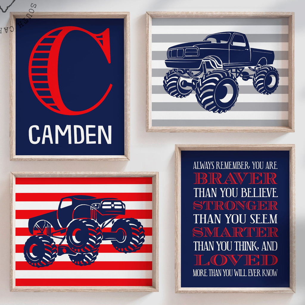 Monster truck boys bedroom decor, personalized name for boys room, big truck wall art prints, boys truck decor, toddler truck bedroom decor