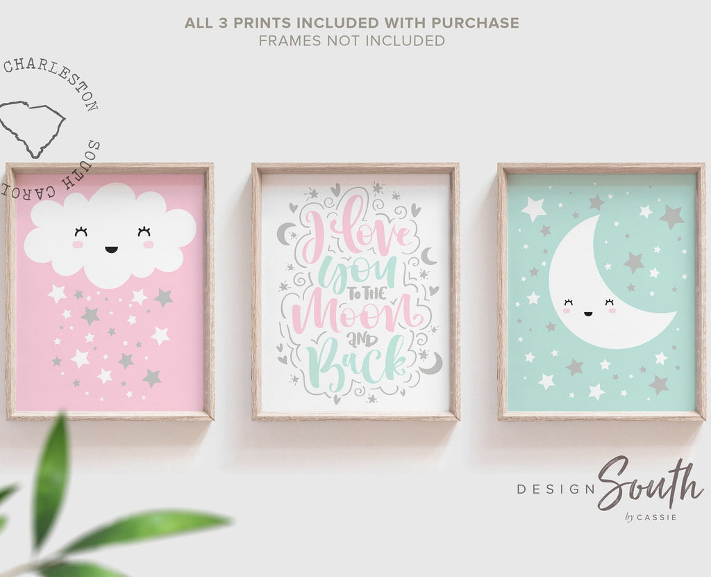 Cloud decor, cloud wall art, cloud nursery, pink and mint, to the moon and back nursery, baby art prints, baby art, nursery wall decor girls