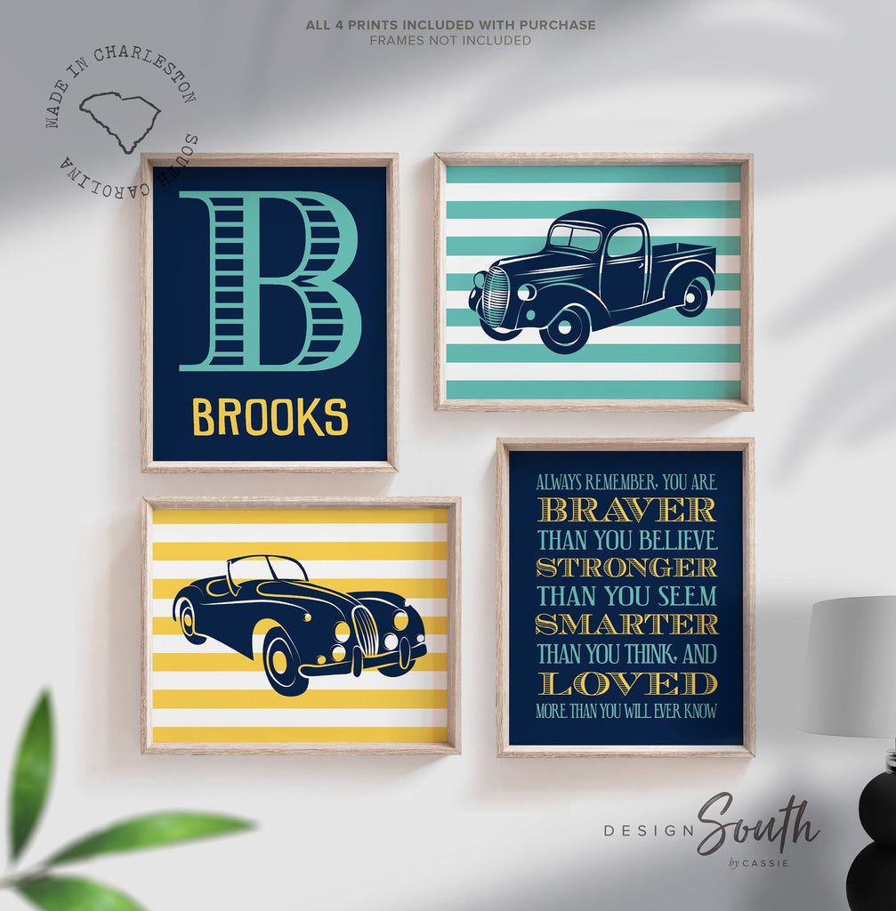 Vintage car and truck prints, vintage nursery, teal, navy blue, yellow, transportation nursery theme, boys car nursery, cars, trucks, boys