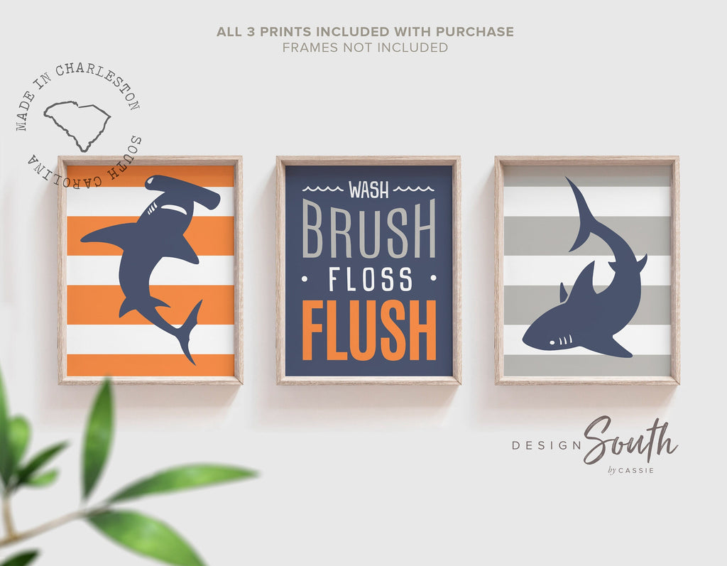 Shark bathroom, wash brush floss flush, boys bathroom prints, orange and navy blue boys shark bathroom decor, sharks orange gray navy blue