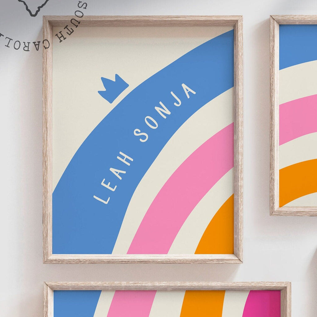 Bright rainbow decor for girl, bedroom decor rainbow theme, blue pink orange teal wall art for girl, bright playroom decor personalized name