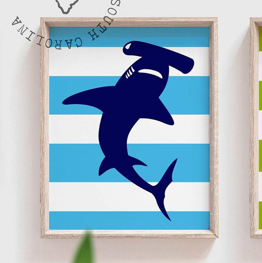 Orange green and blue sharks, boys bedroom shark theme, boys nursery sharks, boys shark playroom, shark decor, shark wall art prints toddler