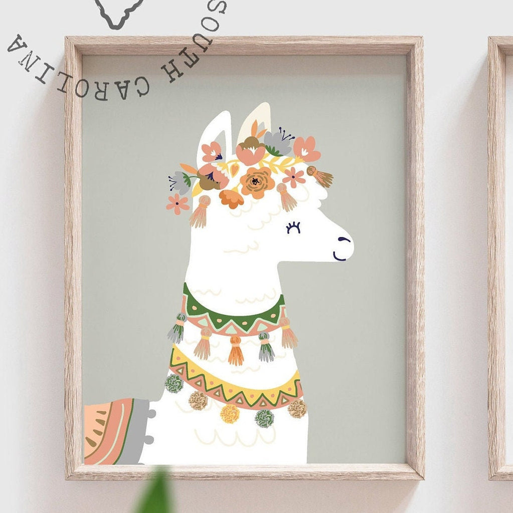 Girl's boho nursery decor, monogram print, girls nursery decor llama themed, muted earthy colors girls bedroom art, playroom llama girl name