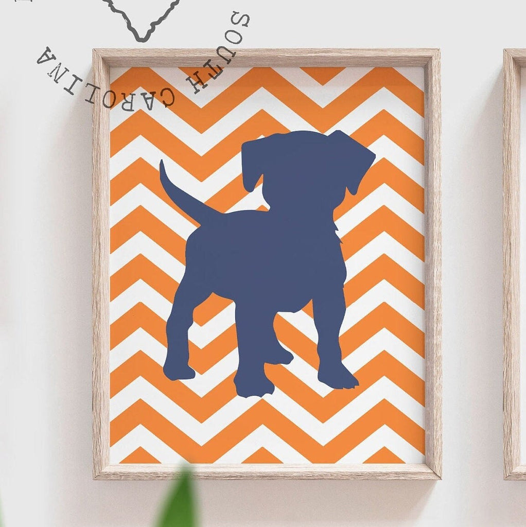 Navy and orange puppy dog art, orange and navy boys nursery, orange puppy decor, boys puppy art, boys puppy nursery, little boys room decor