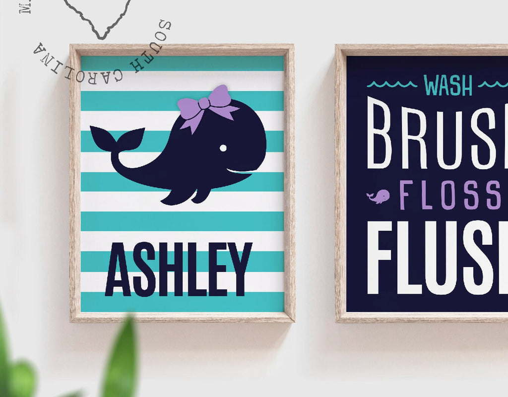 Sisters whale bathroom, twin girls bathroom, girls whale bathroom, girls bathroom prints, teal and purple, wash brush flush, sisters art