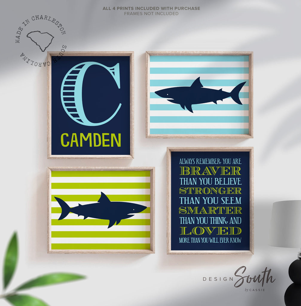 Boys nursery decor, shark bedroom prints lime green aqua and navy blue, personalized children decor, quote for boys shark theme nursery wall