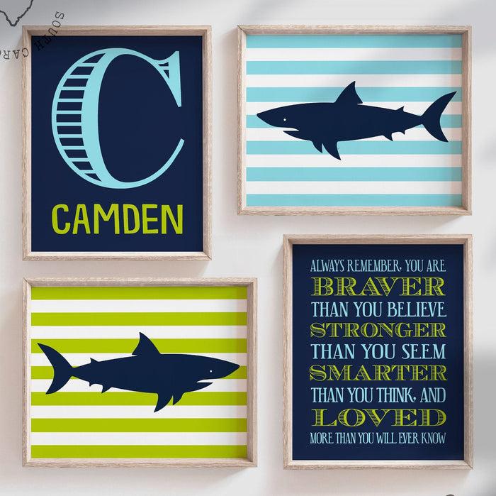 Boys nursery decor, shark bedroom prints lime green aqua and navy blue, personalized children decor, quote for boys shark theme nursery wall