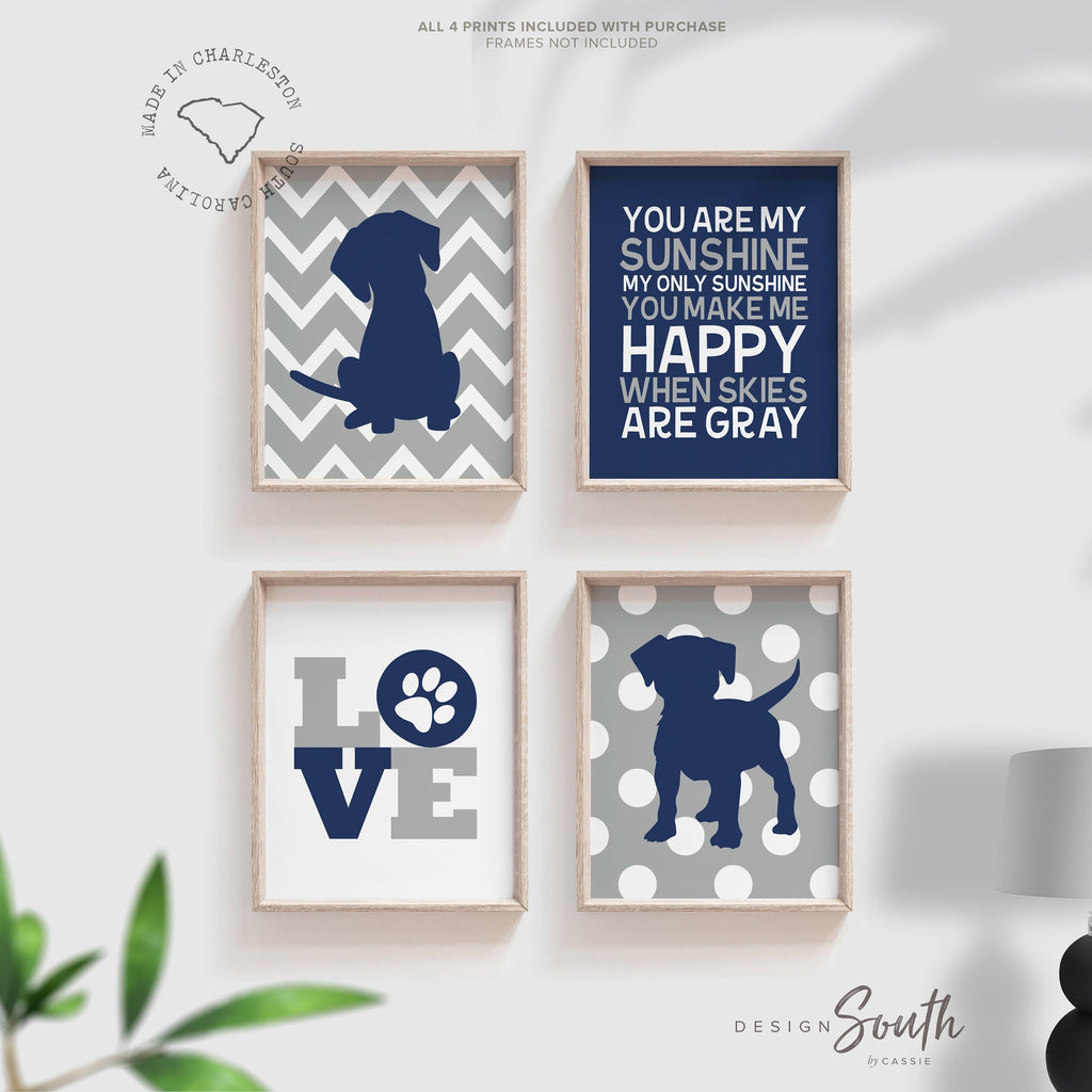 Baby boy nursery decor, puppy dog decor, navy gray you are my sunshine, puppy art prints, dog nursery theme, wall art boys puppy wall decor