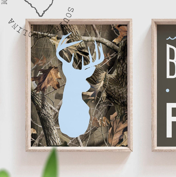 Deer decor, eight point buck deer decor, camouflage decor, boys camo bathroom, camo baby blue buck wall art boys bathroom, blue camo decor
