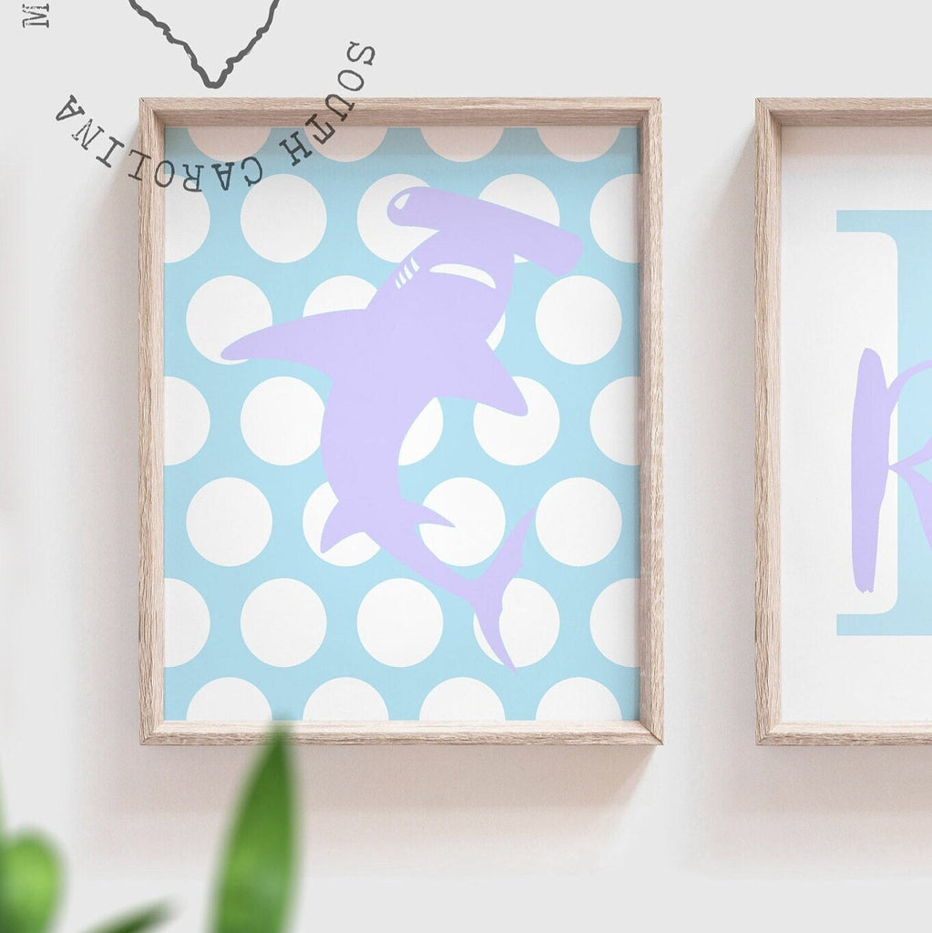 Shark girl room decor, shark nursery, purple and blue sharks, little girl bedroom sharks theme, purple girl sharks, blue girl sharks wall