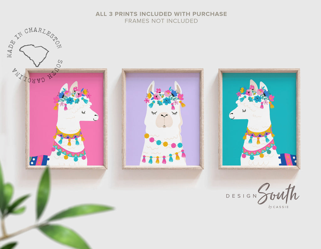 Pink purple turquoise nursery, girl playroom art, colorful llama wall art for girl, nursery bedroom pink purple teal baby room wall decor