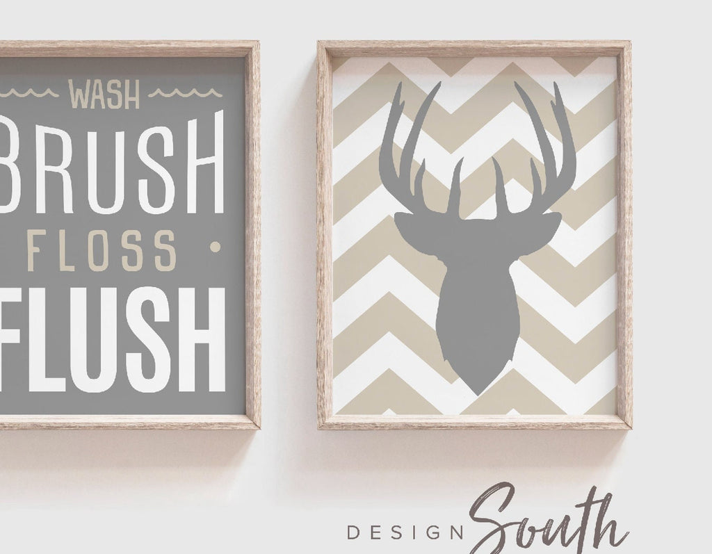 Boys bathroom decor, deer bathroom decor, gray and tan, wash brush floss flush hunting bathroom, quote eight point buck, rustic toddler art