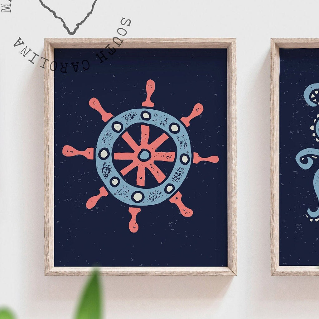 Nautical kids art octopus ship wheel anchor, navy blue nautical bathroom wall art prints, wall art for children, playroom wall ideas ocean