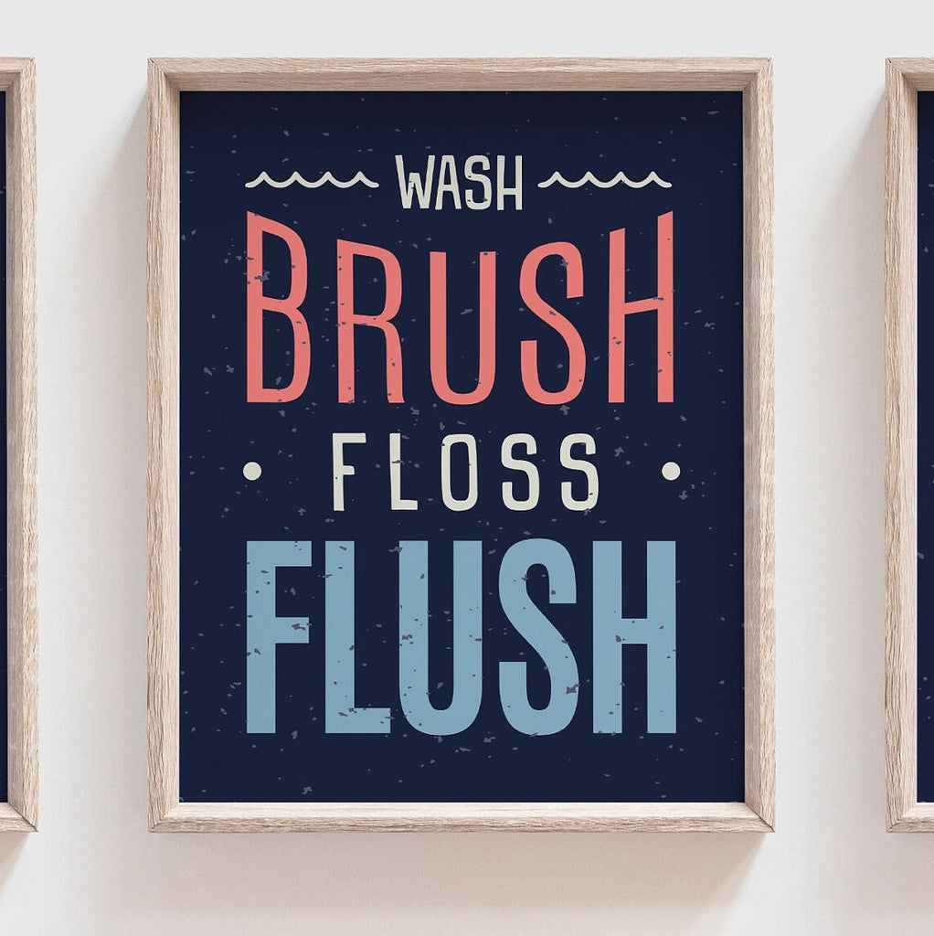 Nautical bathroom decor, nautical bathroom theme, octopus turtle art bathroom, wash brush floss flush, childrens bathroom decor, toddler art