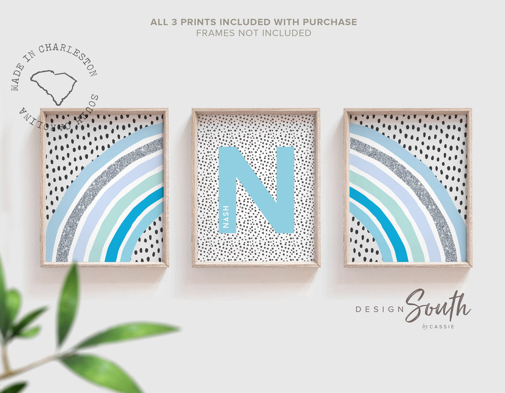 Blue boy nursery, boy monogram, blue rainbow baby room, rainbow silver sparkle nursery wall art, boy nursery decor, baby boy nursery prints