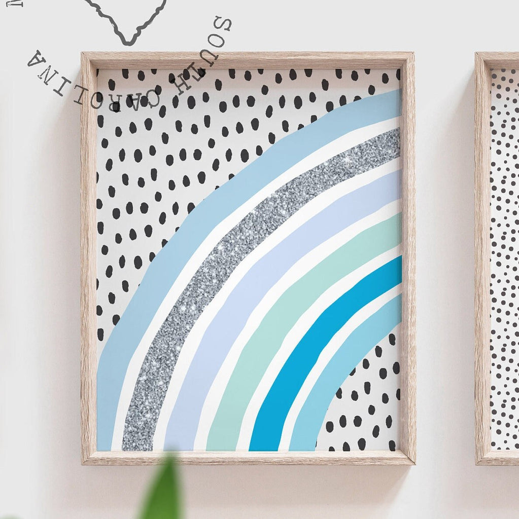 Blue boy nursery, boy monogram, blue rainbow baby room, rainbow silver sparkle nursery wall art, boy nursery decor, baby boy nursery prints