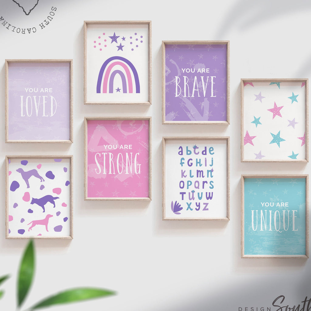 Puppies decor, baby girl puppy pink purple, gift for puppy lover little girl, puppy nursery pictures, pink puppy print art, pink puppy wall