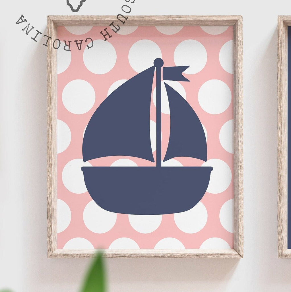 Pink nautical decor, girl pink and navy nautical room wall art print set, gift for girl whale sailboat, nautical shower gift girls name pink