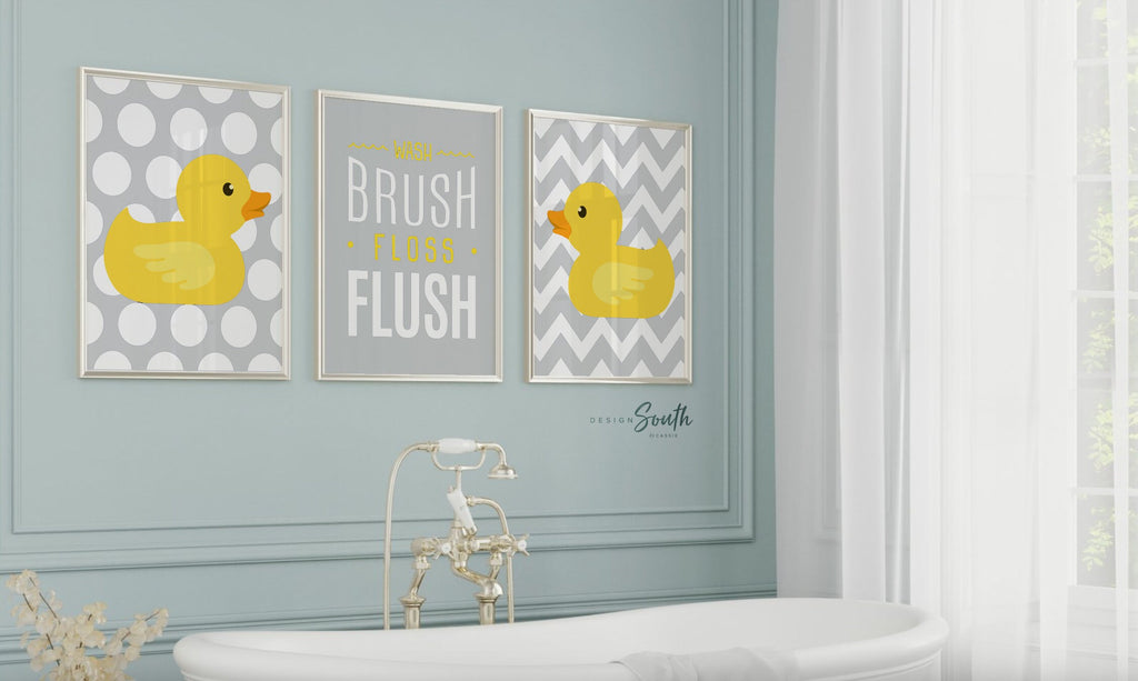 Rubber duckie bathroom art, rubber duck bath art, gray yellow, duck art, duck print, kids bathroom art, kids bathroom decor, unisex bathroom