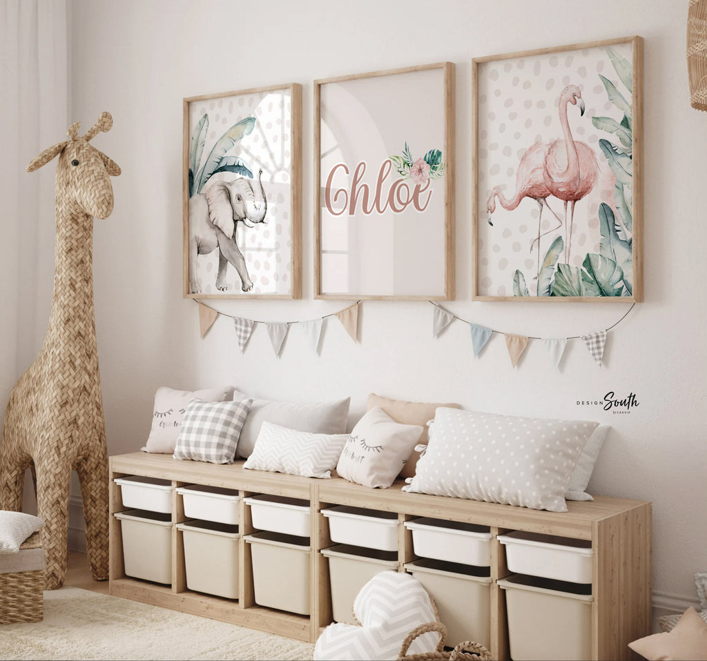 Safari girl room, jungle animals with pink flowers toddler girl art, palm nursery art, personalized name with animals prints, pink green art
