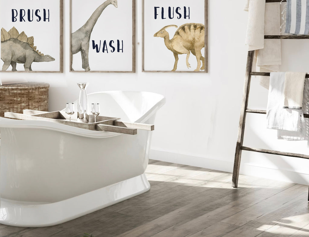 Boy neutral gray tan bathroom dinosaur themed, dinosaur kids bathroom, wash brush flush, boys bathroom prints, boys dinosaur bathroom decor