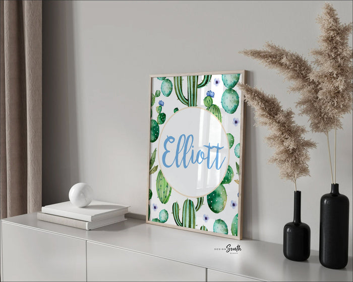Cactus nursery succulents, personalized wall art, blue floral baby name gift, watercolor desert cactus, cactus blooms, nursery ideas blue