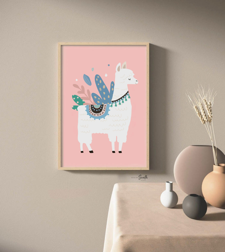 Pink aqua teal colored girls room art, llama themed girls name sign, cactus succulents themed room, pink mint colors kid art, llama pink