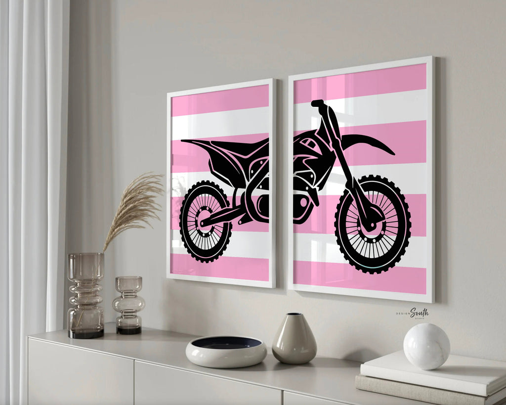 Pink dirt bike room decorating ideas, customized name motocross dirt bike wall art girls room, pink dirt bike theme, bedroom girl playroom